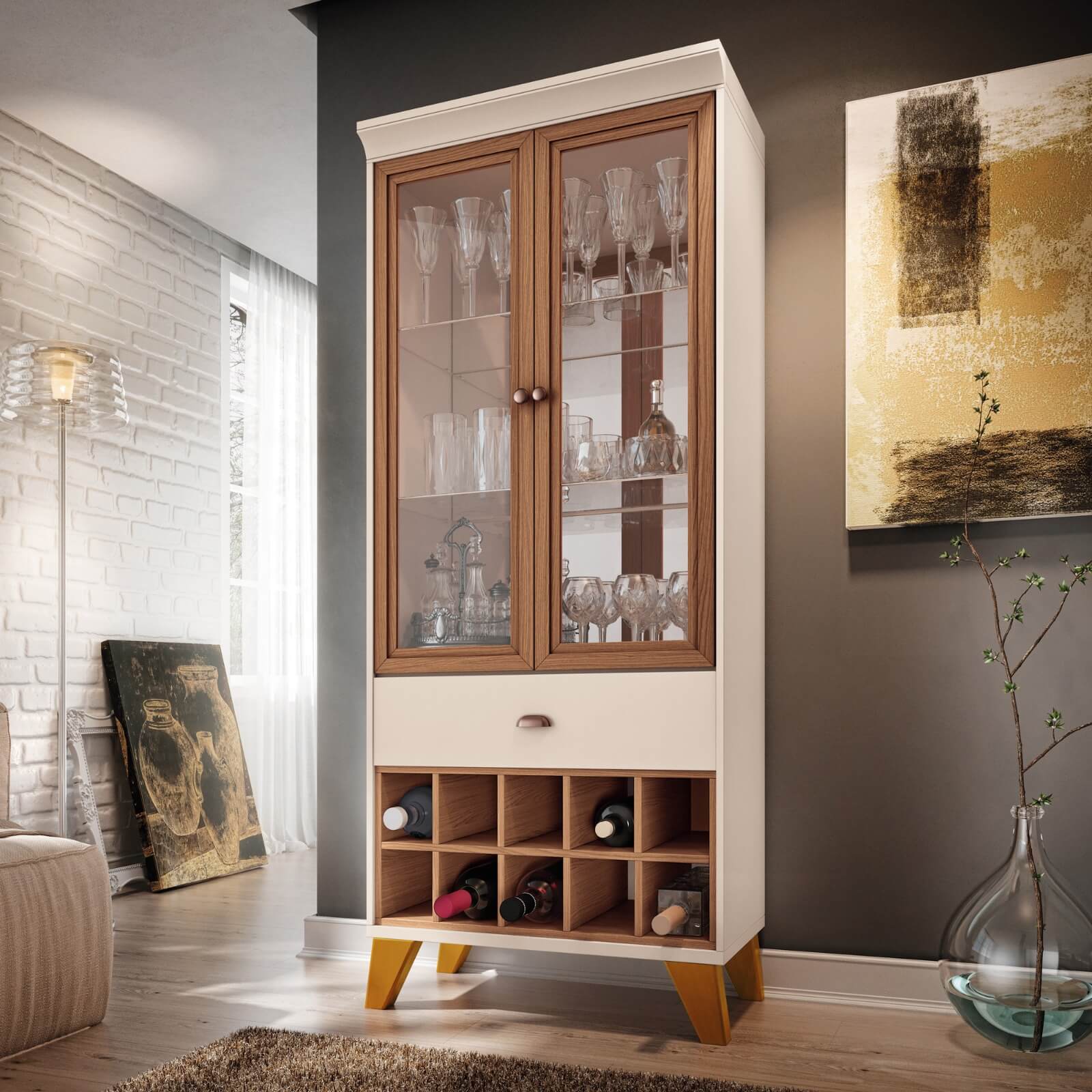 Cristaleira Ópera 2 Portas E 1 Gaveta Off White/Cinamomo - Hb Móveis