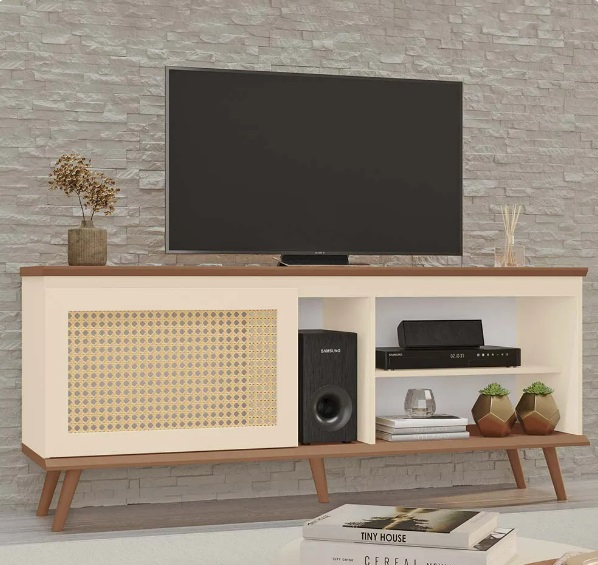 Rack Camille 100% Mdf Tuboarte 1 Porta 3 Nichos e Pés Estilo Retrô Off White Freijó